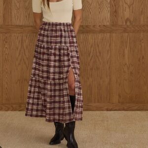Tiered Plaid Burgundy Midi Skirt